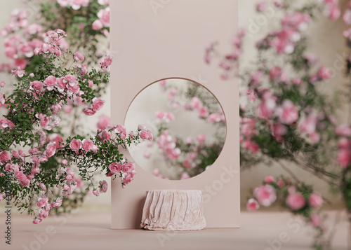3D background pink cloth podium display. Nature rose flower blossom. Feminine summer and spring pastel pedestal showcase frame for beauty product, cosmetic promotion. Abstract garden mockup 3D render