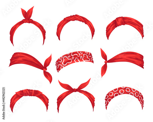 Collection of retro headbands for woman. Mockups of decorative hair knott. Red bandana windy hair dressing. Tied handkerchief for hairstyles