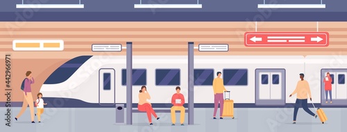 Subway platform with people. Passengers on metro station waiting for train. City underground public railway transport, flat vector concept
