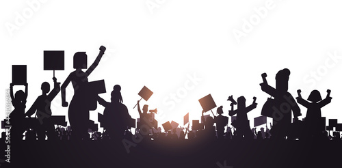 silhouette of people crowd protesters holding protest posters men women with blank vote placards demonstration speech political freedom concept horizontal portrait