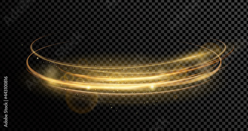 Vector illustration of magic golden dynamic lights and lens effect with sparks isolated on transparent dark background. Abstract background for science, light, speed, futuristic and energy technology