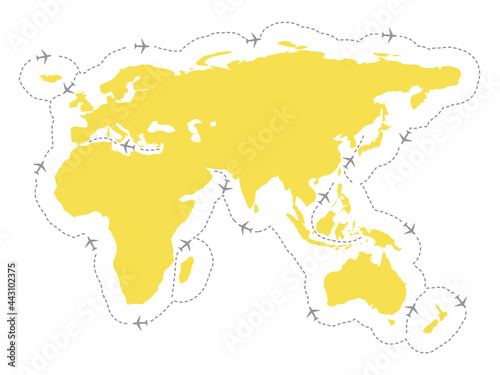 Airplanes fly over the map of Eurasia Africa Australia in grey and yellow. Planes routes shape the world air global logistics concept. Line art vector illustration in modern minimal style. EPS10.