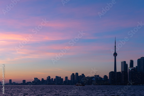 Toronto cityscape and Ontario lake on sunset