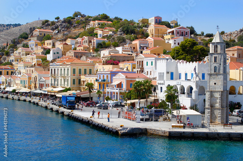 Greece. Dodecanese. Islands Symi.Colorful houses and boats .