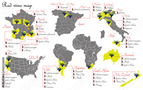 Red wine maps. Wine production maps showing grape varieties. Regions of grape growing for wine production.