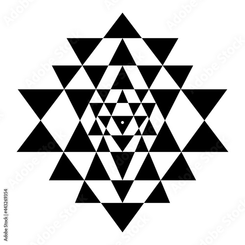 Triangles of Shri Yantra, also called Sri Yantra or Shri Chakra. Forty three black triangles of a mystical Hindu diagram, with the central point Bindu, that represent the center of the cosmos. Vector.