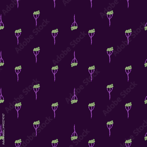 Medical nature seamless pattern with little green yarrow ornament. Purple dark background. Wellnes print.