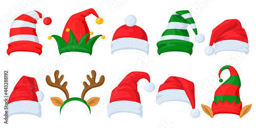 Christmas celebration hats. Cartoon Santa Claus, elf and reindeer horns masquerade hats vector illustration set. Xmas holiday celebration hats