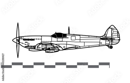 Supermarine Spitfire Mk IX. Vector drawing of WW2 British fighter aircraft. Side view. Image for illustration and infographics.