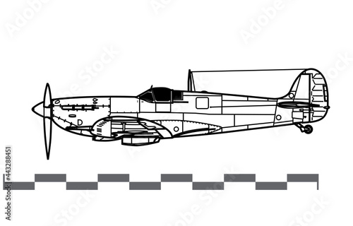 Supermarine Spitfire Mk V. Vector drawing of WW2 British fighter aircraft. Side view. Image for illustration and infographics.