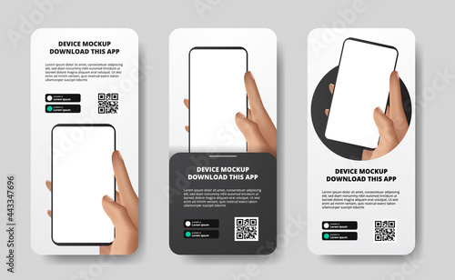 social media stories banner advertising for downloading app for mobile phone, hand holding smartphone. Download buttons with scan qr code template. 3D perspective phone