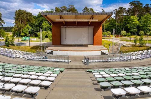 Open air amphitheater performance stage on shore of Necko lake in Masuria lake district resort town of Augustow in Podlaskie voivodship of Poland