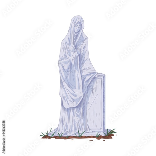 Gravestone with sculpture of woman in grief. Vintage tombstone and gothic stone statue. Christian headstone of tomb. Hand-drawn colored vector illustration of old grave isolated on white background