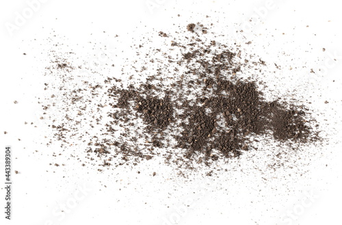 Dirt pile isolated on white background, fertile soil top view
