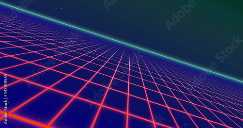 Image of glowing red grid moving in space on seamless loop