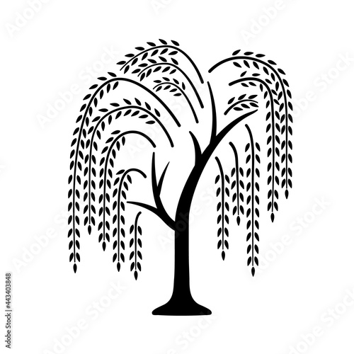 Willow tree. Black icon with tree. Vector illustration isolated on white background. Element for logo