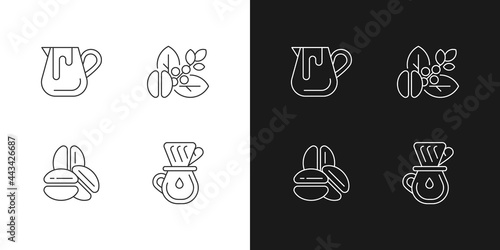 Coffee preparation linear icons set for dark and light mode. Milk pitcher for barista. Raw beans. Customizable thin line symbols. Isolated vector outline illustrations. Editable stroke