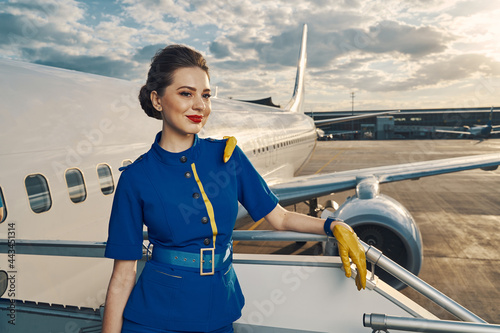 Dreamy flight attendant standing on the aircraft steps