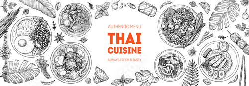 Thai food top view vector illustration. Food menu design template. Hand drawn sketch. Thai food menu. Vintage style. Pad thai, khao man gai, thai noodle soup, pad krapow gai, massaman curry.