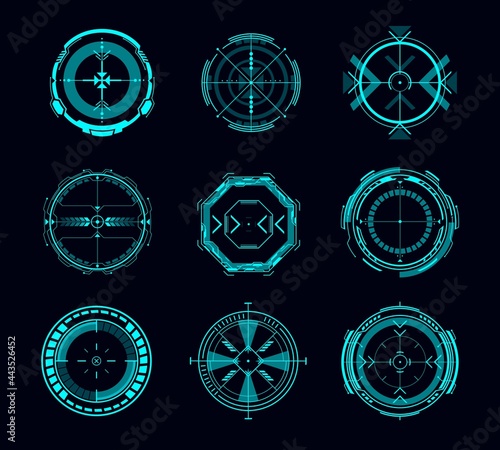 HUD aim control, futuristic target or navigation interface vector design of game ui or gui. Military crosshair, digital focus, sniper weapon scope and collimator sight screen, Sci Fi, shooting games