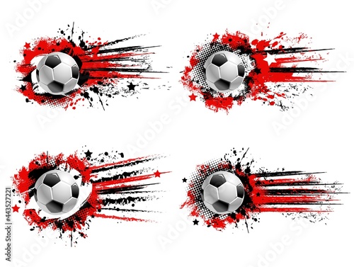 Soccer football sport grunge banners. Flying soccer ball, red and black paint splashes, drops and traces, grungy background with halftone and stars. Team sports tournament banner with paint smudges