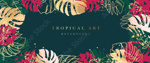 Abstract art background vector. Luxury minimal style wallpaper with golden line art tropical leaves and botanical leaves, Watercolor. Vector background for banner, poster, Web and packaging.