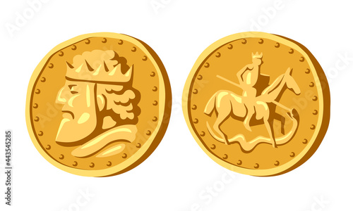 medieval ancient coin with the profile of a king, a spearman on a horse, obverse and reverse, numismatic hobby, color vector illustration isolated on a white background in a cartoon and flat design