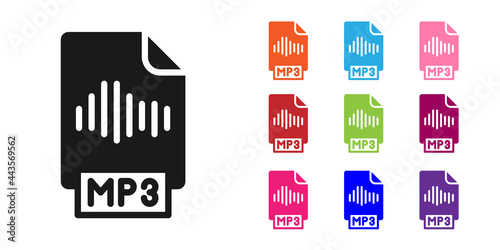 Black MP3 file document. Download mp3 button icon isolated on white background. Mp3 music format sign. MP3 file symbol. Set icons colorful. Vector