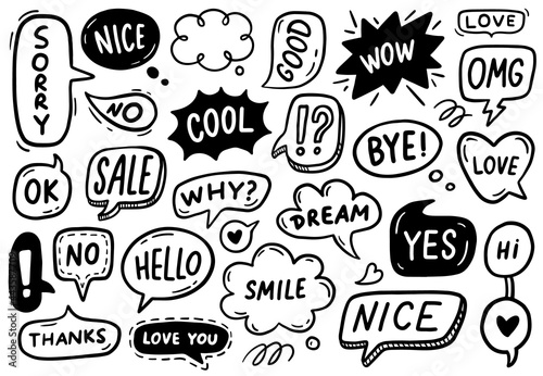 Vector set of speech bubbles with text. Frames with ok, good, wow, and other words. Hand-drawn, doodle elements isolated on white background.