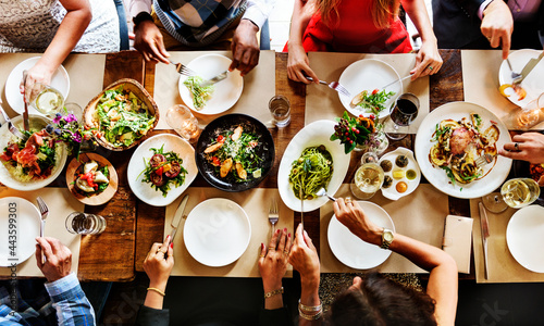 Aerial view of a table full of food