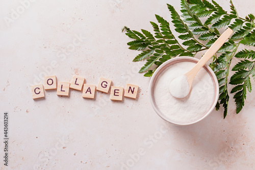 Collagen powder and quote collagen made of wooden blocks, top view