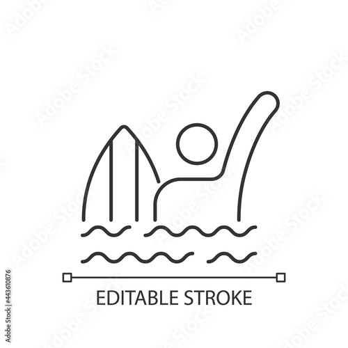 Emergency signal for drowning linear icon. Waving arm above head. Surfer in dangerous situation. Thin line customizable illustration. Contour symbol. Vector isolated outline drawing. Editable stroke