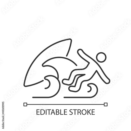 Surf wipeout linear icon. Being thrown off surfboard by breaking waves. Losing consciousness. Thin line customizable illustration. Contour symbol. Vector isolated outline drawing. Editable stroke