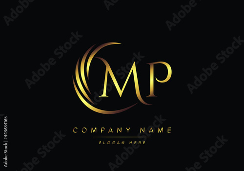 alphabet letters MP monogram logo, gold color elegant classical