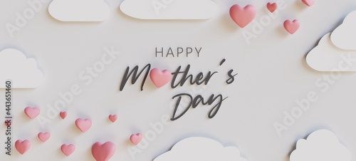 Mother's day greeting card. 3D illustration banner with 3d flying pink hearts and cloud. Symbols of love and handwriting lettering text on white background
