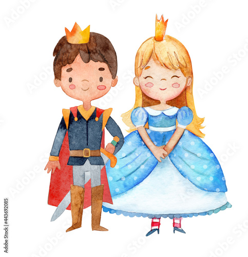 Watercolor illustration of a cute little prince and princess in a blue dress. Little girl and boy surrounded by watercolor floral wreath. Isolated