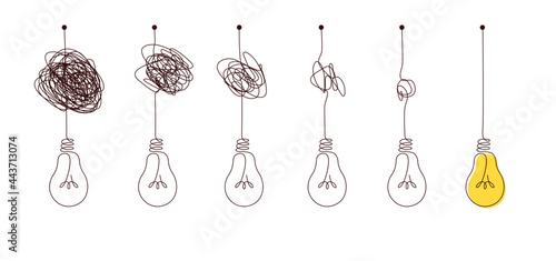 Complex to simple way to create idea - messy clew symbols with light bulb.