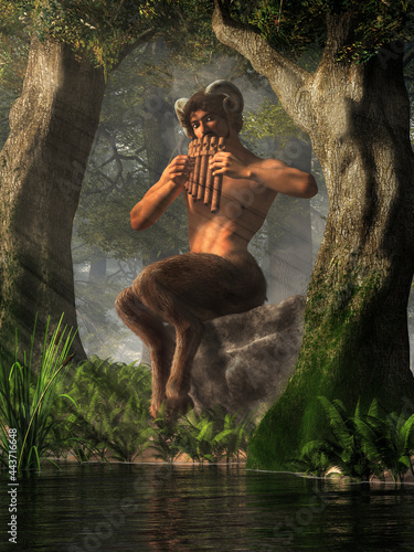 Pan, the god of the wilderness, nature, and shepherds from Greek mythology, in the form of a saytr or faun with goat legs and horns, plays his pipes by a pond in a deep green forest. 3D Rendering.