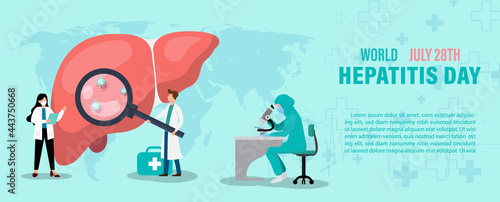 Concept of hepatitis A, B, C, D, and world hepatitis day campaign's poster with doctors treat the liver in flat style and banner vector design.