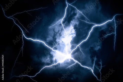 A lightning strike on the cloudy sky
