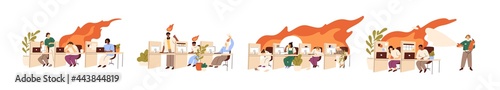 Job burnout concept. Set of people with professional crisis and career problems, feeling depressed and lack of energy. Unhappy burned out workers. Flat graphic vector illustrations isolated on white