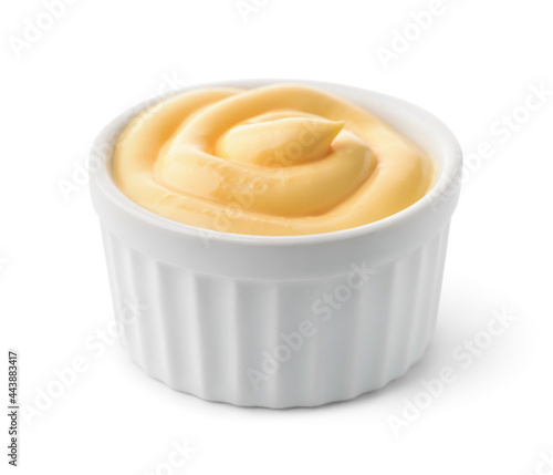 Ceramic dipping cup of cheese sauce