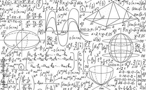 Mathematical vector seamless background with handwritten algebra and geometry formulas on a white paper 