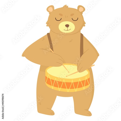 Cute brown baby bear playing drum. Kids print can be used as poster, card or other poligraphy. Stock vector illustration isolated on white background in flat cartoon style.