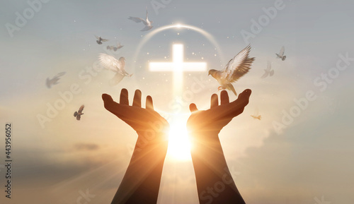 Man hands palm up praying and worship of cross, eucharist therapy bless god helping, hope and faith, christian religion concept on sunset background.