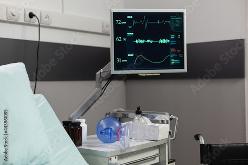 Modern technology in hospital room showing patient bmp, during treatment and recovery. Respiratory mask with resuscitator for ventilation of patient. Sterile floor.