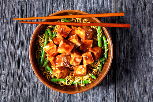 asian noodle bowl with hoisin baked tofu cubes