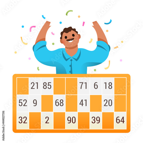 Personnage qui a gagné au jeu de loto tombola, grand carton jaune avec les numéros, homme avec moustache et bras en l'air