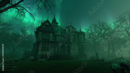 Old haunted abandoned mansion in creepy night forest with cold fog atmosphere, 3d rendering