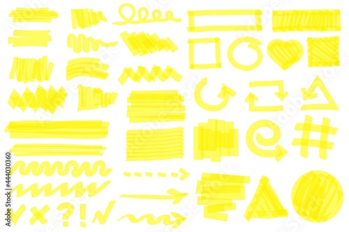 Highlighter strokes. Yellow marker lines, strokes, arrows, frames, circles, checkmarks. Hand drawn permanent markers doodle elements vector set. Stripes, geometric shapes and arrows